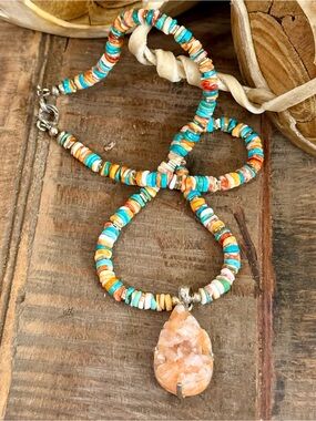 Spiny Oyster, Turquoise & Orange Heulandite Necklace